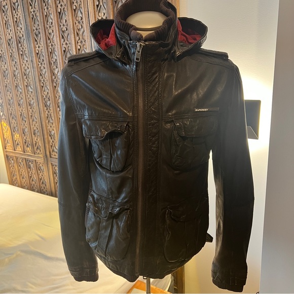 Superdry Other - Superdry Men's Brown Leather Hooded Jacket with Red Lining